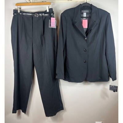 NWT Sag Harbor Pant Suit Black w/ Belt Button Front Blazer Size 16