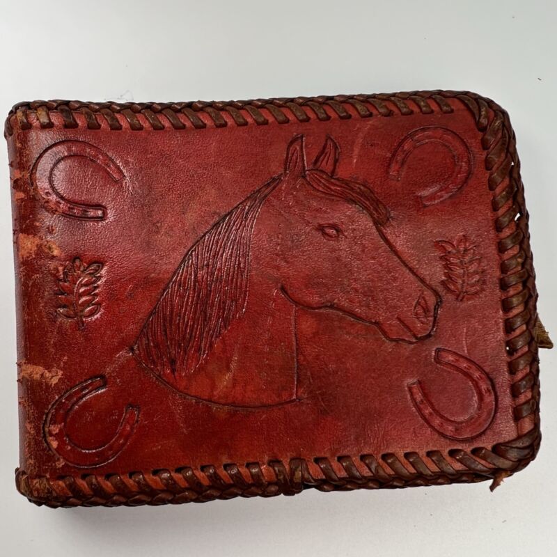 Vintage Hand Made Tooled Western Laced Cowboy Horse Leather Wallet 1970s