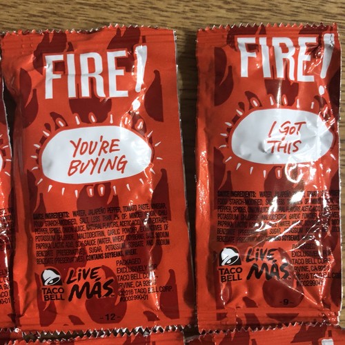 Taco Bell FIRE Hot Sauce 16 Packets - With 5 Different Sayings