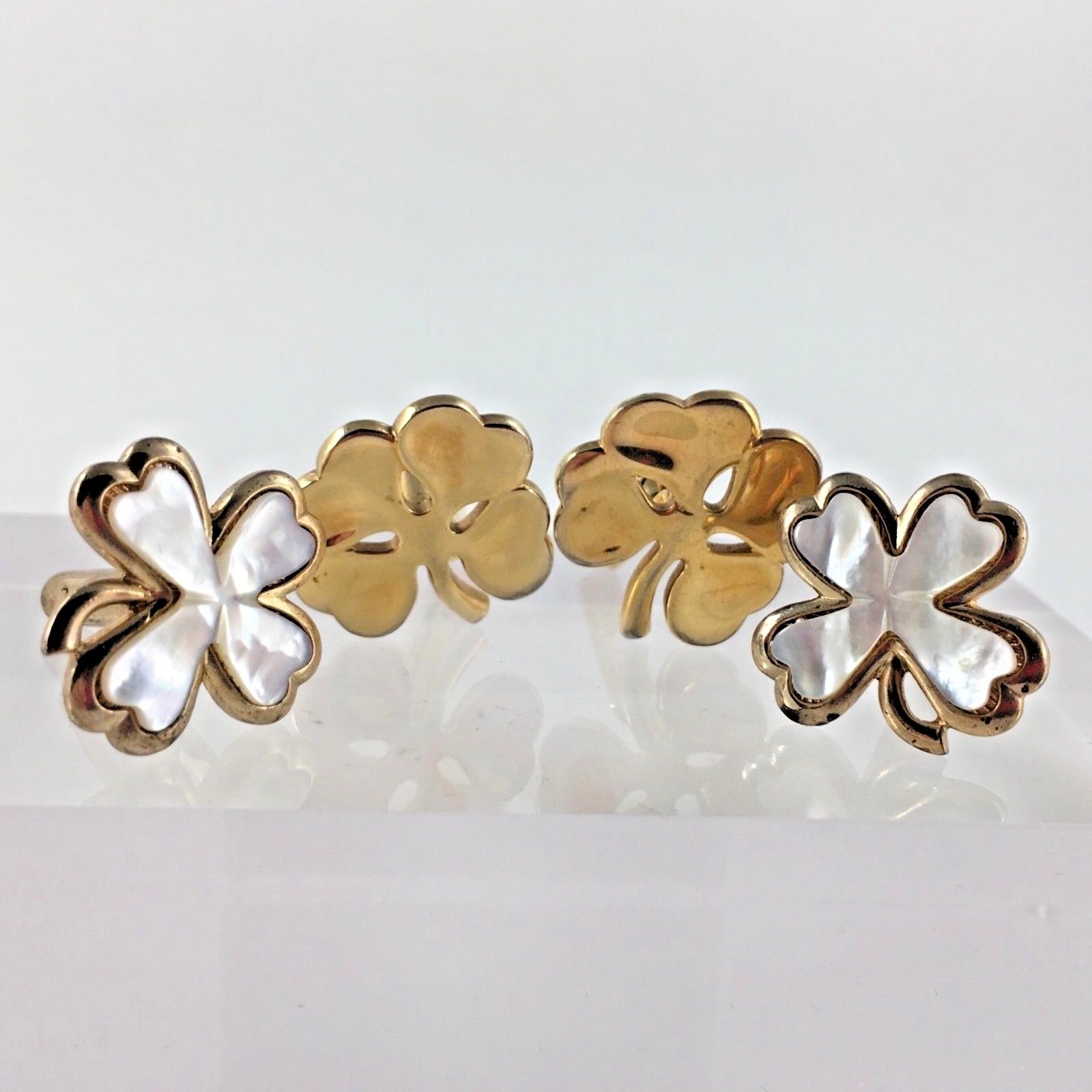 Swank Shamrock 4 Leaf Clover Cuff Links Lucky Set 2 Gold Tone Pearl Vtg Gift