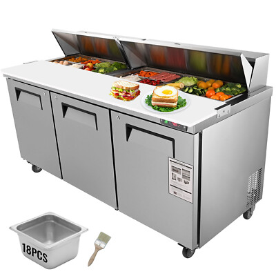 VEVOR 72''W Refrigeration Sandwich Salad Prep Table 3 Doors With 18 Pans ETL NSF