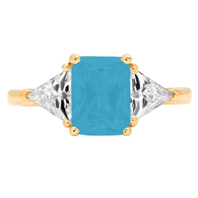 Pre-owned Pucci 3 Emerald Trillion 3stone Turquoise Stone Promise Wedding Ring 14k Yellow Gold In D