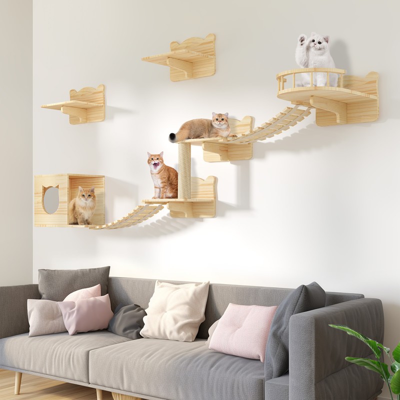 Cat Wall Shelves Set of 9 Wall-Mounted Wooden Cat Climber