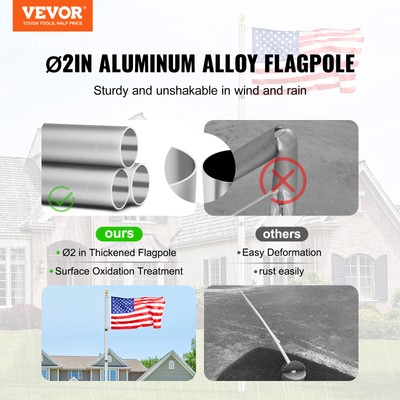 VEVOR 20FT Telescopic Flagpole Kit Heavy Duty Aluminum Flag Pole American Silver