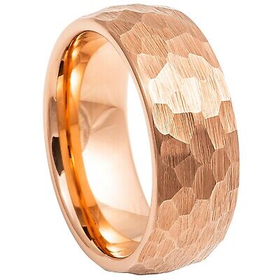 Tungsten Ring Rose Gold Ion Plated Hammered Brushed Domed 8/6/4mm Wedding Ring