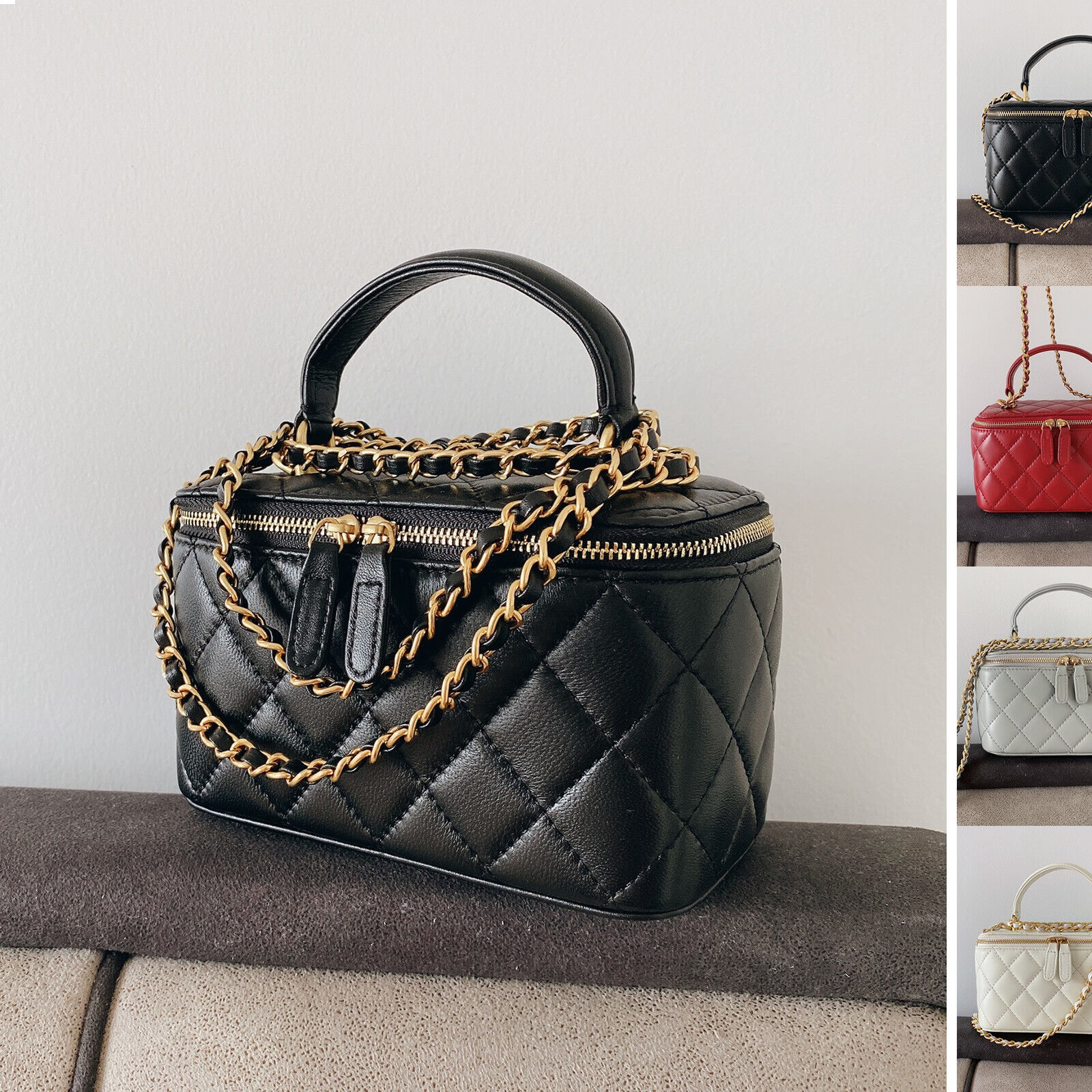 Quilted Lambskin Leather Vanity Case Chain Box Shoulder Bag Quilted Lambskin Leather Vanity Case Chain Box Shoulder Bag