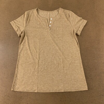 Aiopr Women s Size Medium Khaki Button Accent V Neck Short Sleeve Pocket Tee New