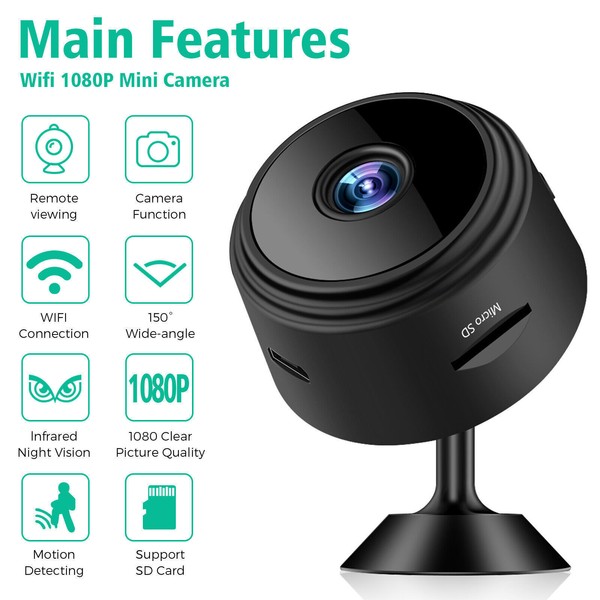 1080P WiFi mini camera with night vision and motion detection.