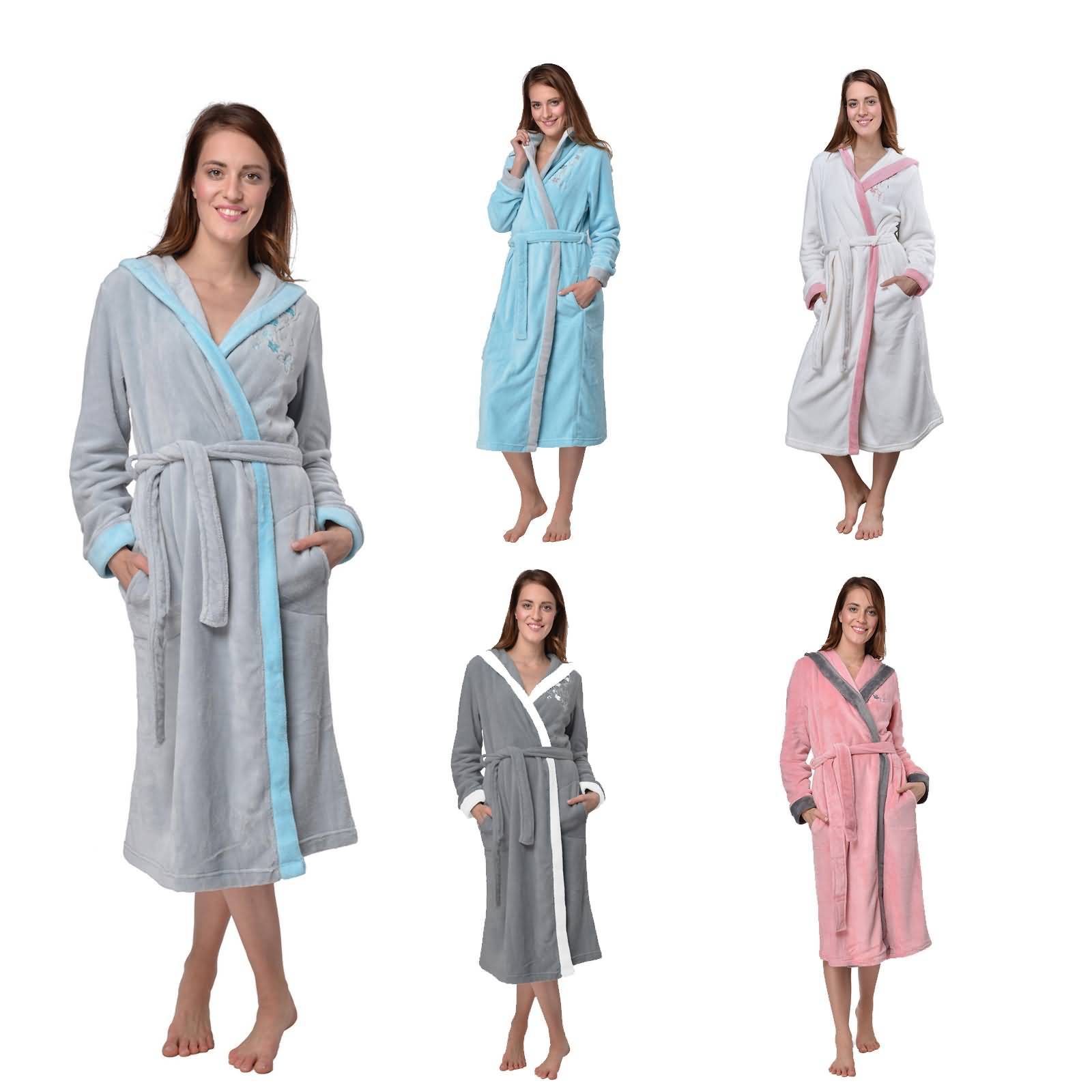 Damen Bademantel mit Kapuze Lang Morgenmantel Coral-Fleece ...