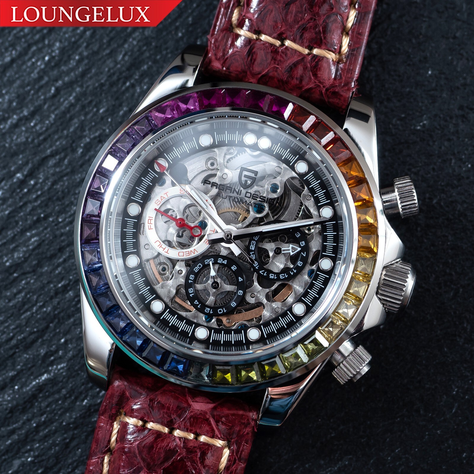 Pre-owned Pagani 40mm Automatic Mechanical Watch Silver Chrome Rainbow Brown Snake Skin Leather