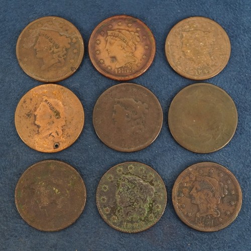 Lot of Nine 1c Braided Hair Large Cents - Free Shipping USA