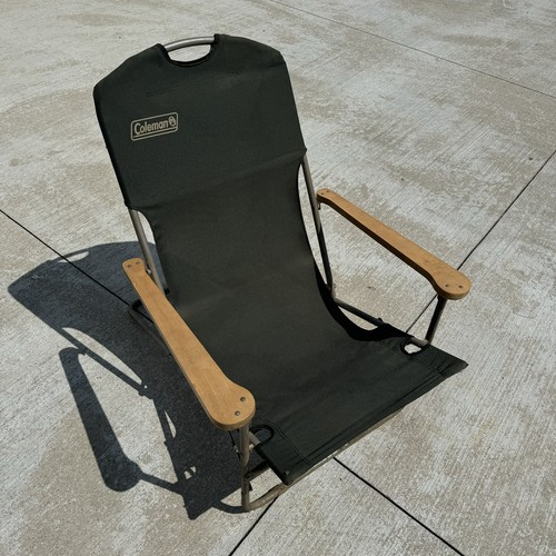 Vintage Coleman Sling Style Folding Chair Wood Armrests