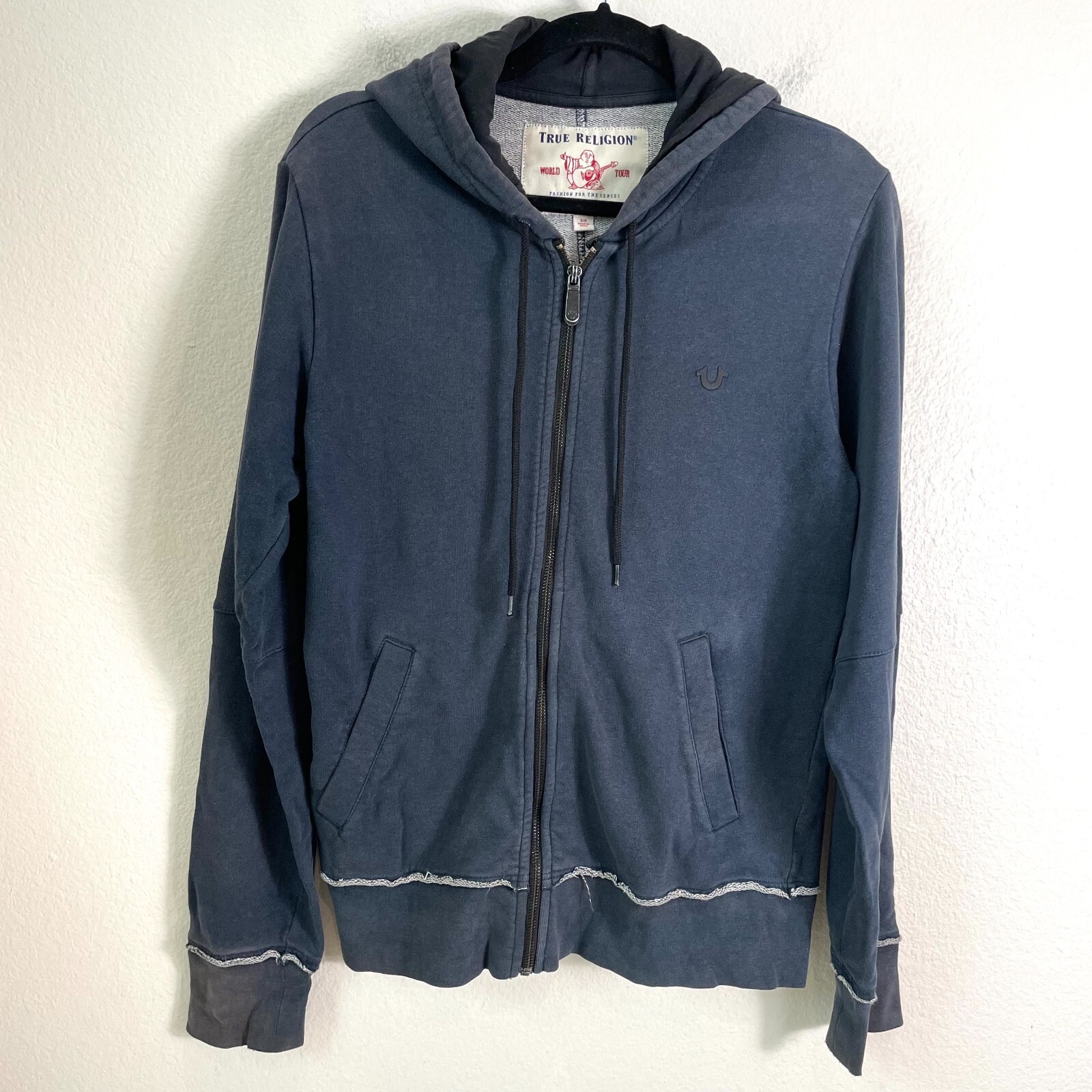True Religion Mens Small Navy Zip Up Hoodie Jacket Distressed True Religion Mens Small Navy Zip Up Hoodie Jacket Distressed