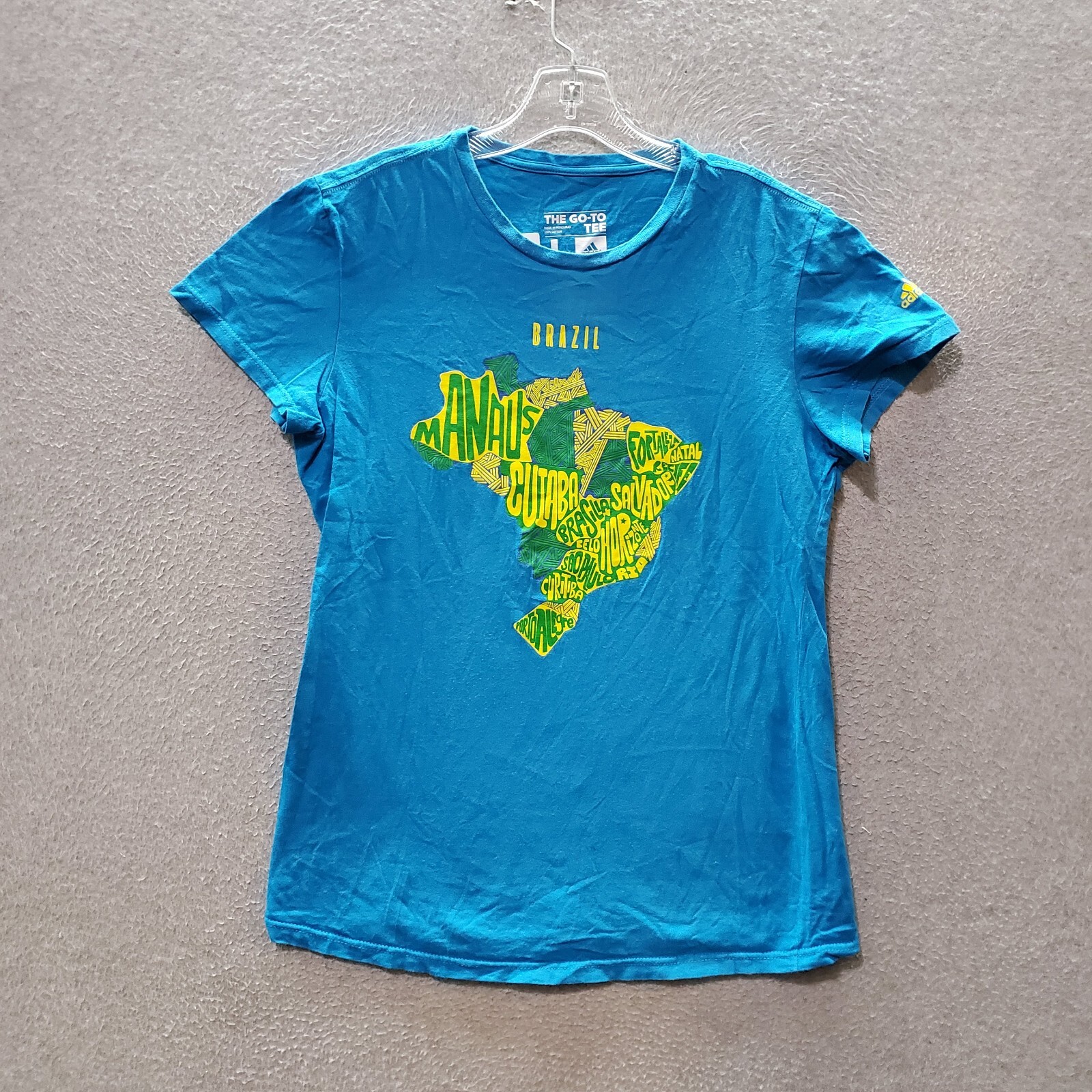 Adidas Women Top Large Blue T-Shirt Brazil Country Map Logo