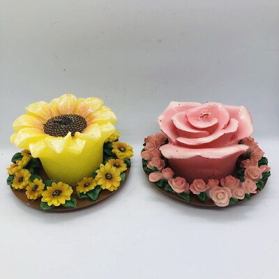 Flower Candles Ceramic Base Holders with Candles Pink Yellow 4''