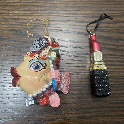 Vtg Katherine's Collection Whimsical Gambling Queen Kissing Fish Ornament Lot 2