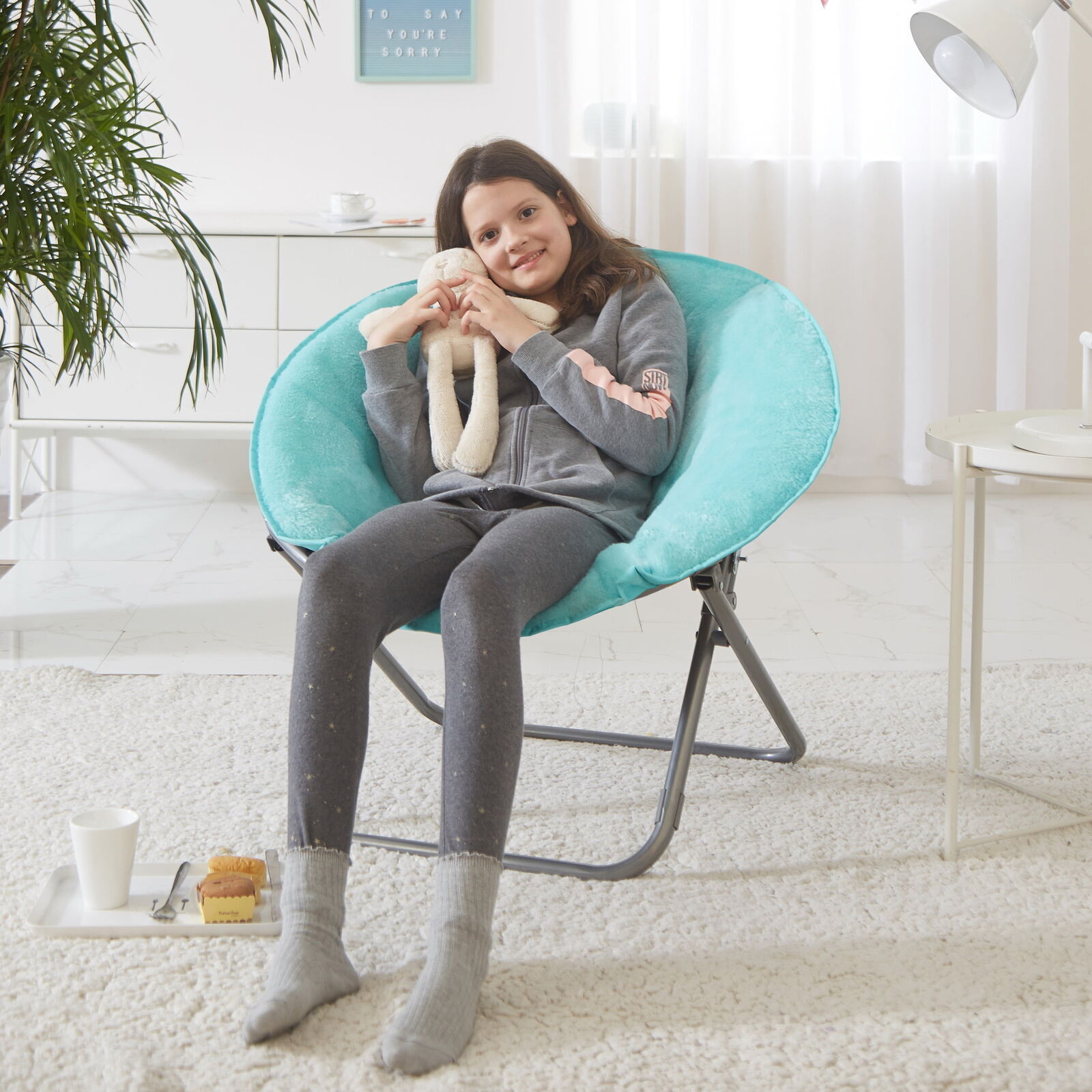 Faux Fur Saucer Chair Living Room Sofa Moon Chair Seat Stool Soft Foldable Aqua