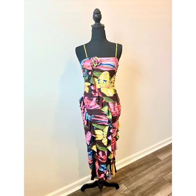 Pre-owned Rococo Sand Chris Midi Dress In Black Medium Floral Ruffle Ruched Stretch Lined
