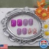 Short Press on Nails Square Fake Nails Purple Nails Press ons Glitter Glue on Nails Spring Acrylic Nails Nude False Nails with Colorful Flower designs Daily Wear Simple Stick on Nails for Women 24Pcs