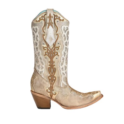 Pre-owned Corral ® Ladies Bone White & Gold Studded Western Boots C3895