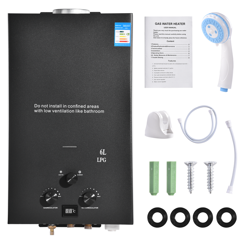 6L LPG Propane Gas Tankless Instant Hot Water Heater Boiler With Shower Kit 12KW