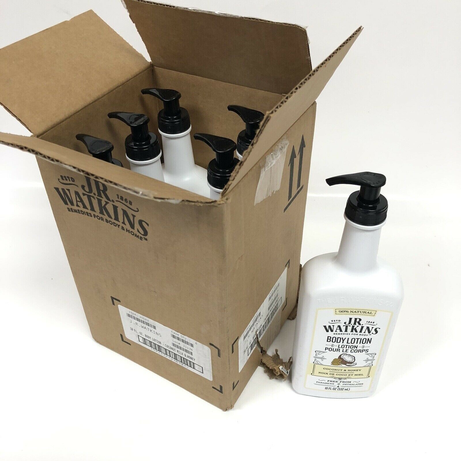 6-18 fl oz Bottles of J.R. Watkins Coconut & Honey Body Lotion Pumps New
