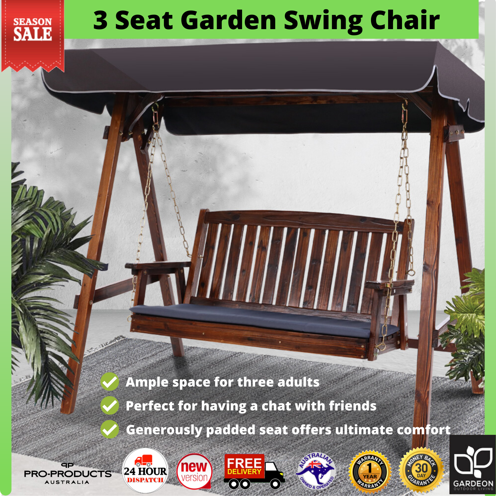 3 Seater Wooden Timber Swing Chair Garden Patio Bench Canopy Furniture