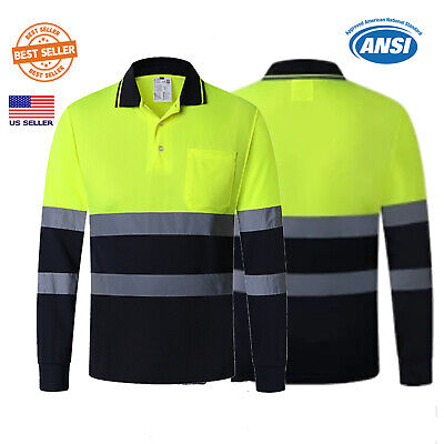 Hi Vis Viz High Visibility Polo Shirt ANSI Reflective Safety Long Sleeve