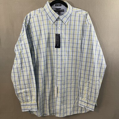 NWT Tommy Hilfiger Mens Dress Shirt Cotton 80 s 2 Ply Fabric Blue/Yellow Large