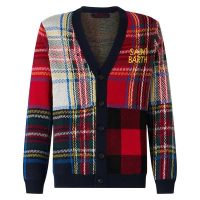 Pre-owned Mc2 Saint Barth Man Tartan Knitted Cardigan With Saint Barth Embroidery In Blue