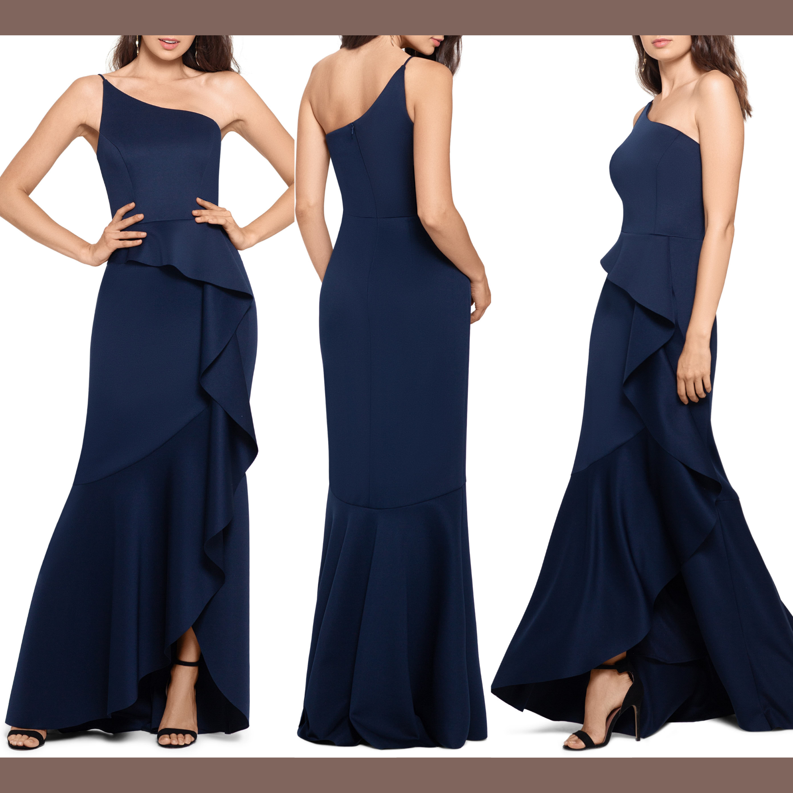 NEW $239 Xscape Ruffle Front Scuba Mermaid Gown in Navy Blue