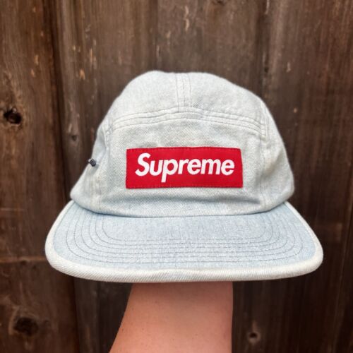 Supreme FW'17 Denim 5 Panel Box Logo Camp Cap Side Zipper Supreme FW'17 Denim 5 Panel Box Logo Camp Cap Side Zipper