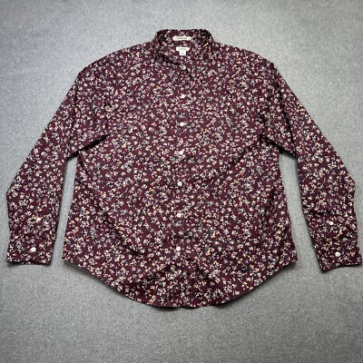 LL Bean Top Women Large Red Floral Pinpoint Oxford Wrinkle Free Business Casual