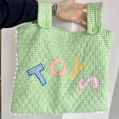 Vintage 1990 s Quilted Handmade Pastel Gingham Toys Bag
