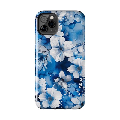 Blue Floral Flower Tough iPhone 11 12 13 14 15 & Samsung Galaxy Case