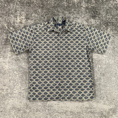 VTG Grant Thomas Hawaiian Shirt Mens Medium Brown Geometric Fish Print Camp 90s