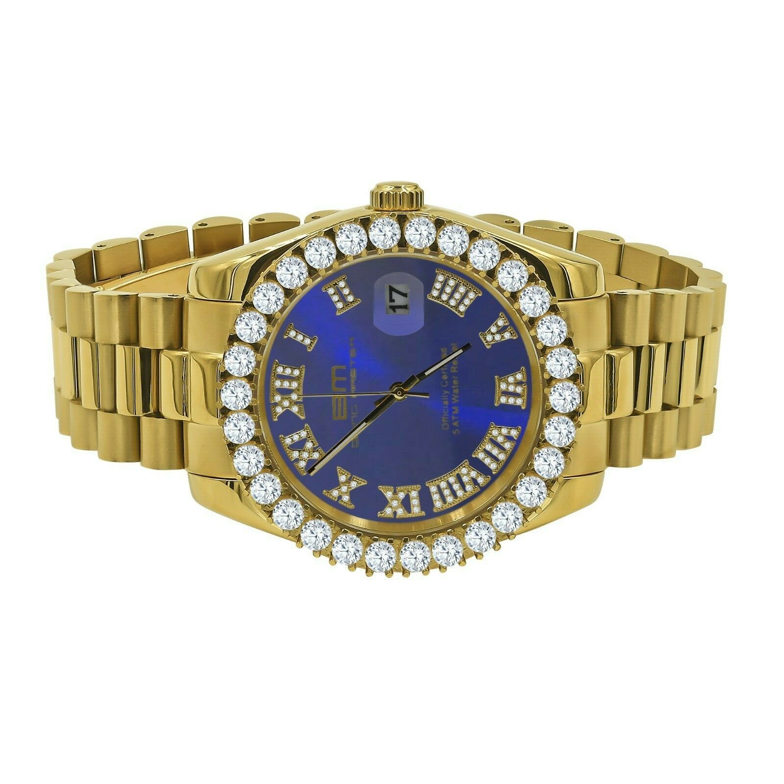 Pre-owned Bling Master 18k Gold Finish Solid Steel Blue Dial Simulated Diamonds Presidential 42mm Watch