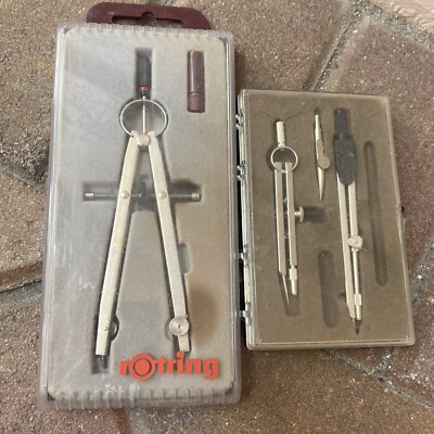 2 Vintage Compass Set s / ROTRING / Drafting Engineer Geometry Adjustable ESTATE