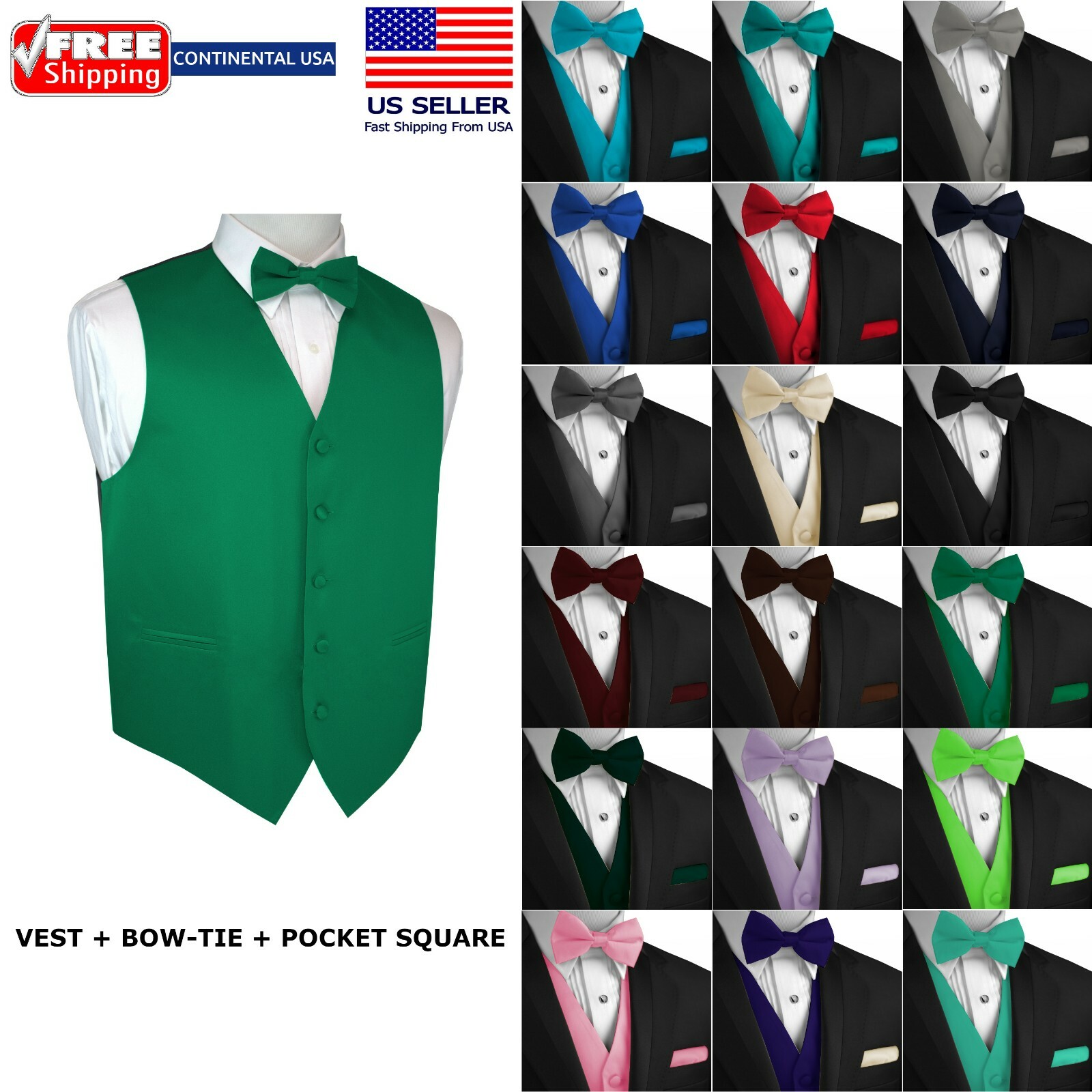 Men's Solid Satin Tuxedo Vest, Bow-Tie and Hankie. Formal, Dress, Wedding, Prom