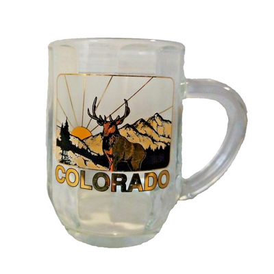 Colorado Elk Mug Souvenir Clear Glass 24 kt Trimmed USA Ribbed...