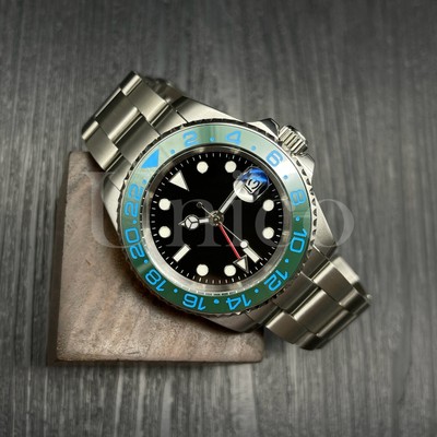Custom Made GMT Style Watch Automatic Movement Black Dial Green/Blue Bezel Steel