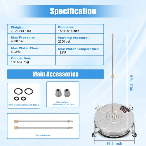 16.5 inch Pressure Washer Surface Cleaner for 2200-4000 PSI Pressure Washer 4GPM