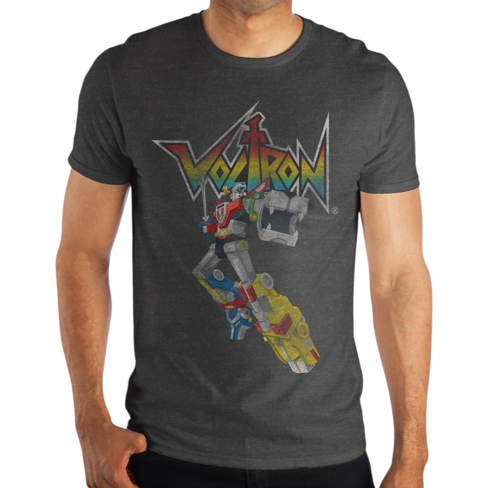 Bioworld Voltron Distressed Charcoal Gray Men's Graphic Short Sleeve T-Shirt
