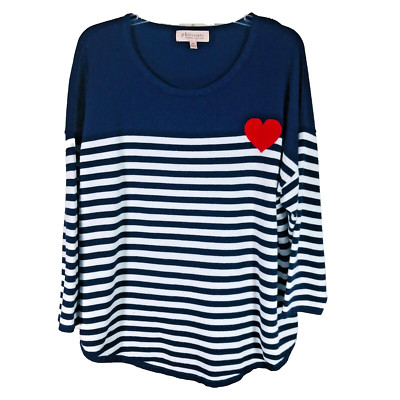 Philosophy Woman 1X Plus Blue White Stripe Red Heart Pullover Sweater 3/4 Sleeve