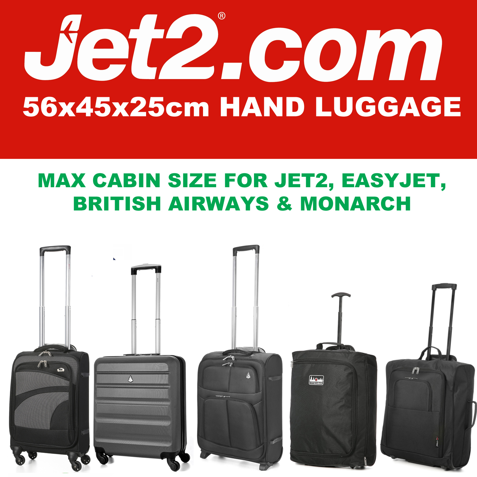 JET 2 HOLIDAYS 56x45x25 MAX LARGE CABIN HAND CARRY LUGGAGE SUITCASE TRAVEL BAGS | eBay