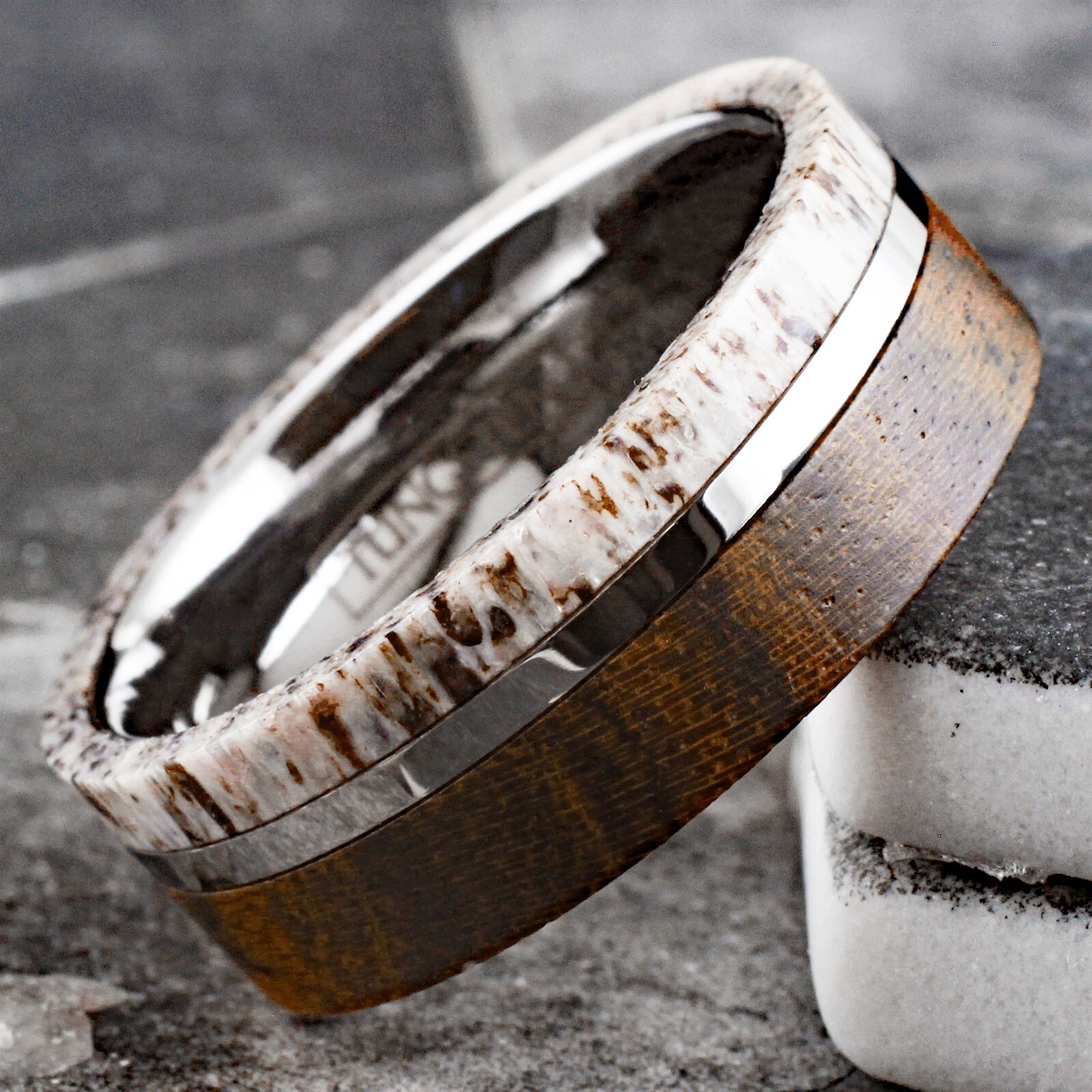 Personalized Men's Tungsten Offset Deer Antler & Bocote Wood Wedding Band Ring