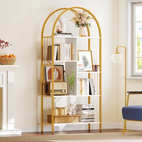 5 Tier Gold Arched Bookshelf Bookcase Storage Display Rack Shelves Living Room