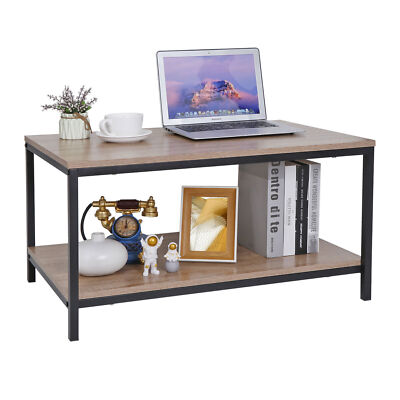2 Tier Rectangle Wood Coffee Table with Open Shelf for Living Room Home