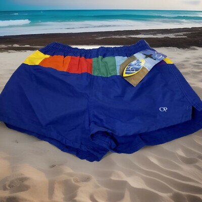 80 s Unisex Kids OP Ocean Pacific Board Shorts With Tags Blue Rainbow Band Sz XL
