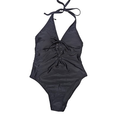 Adore Me One Piece Lace Up Halter One Piece Swimsuit Black